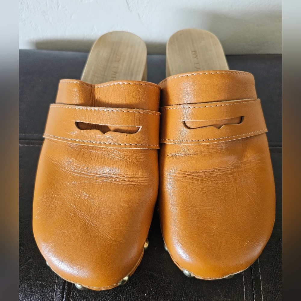 BY FAR Hans Tan Orange Wooden Leather Effortless Boho Chic Clogs Sz EU 36 - Picture 4 of 12